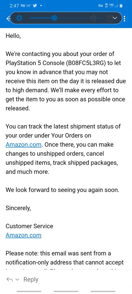 Amazon ส่งอีเมลถึงลูกค้าเกี่ยวกับความล่าช้าที่อาจเกิดขึ้นกับคำสั่งซื้อ PS5