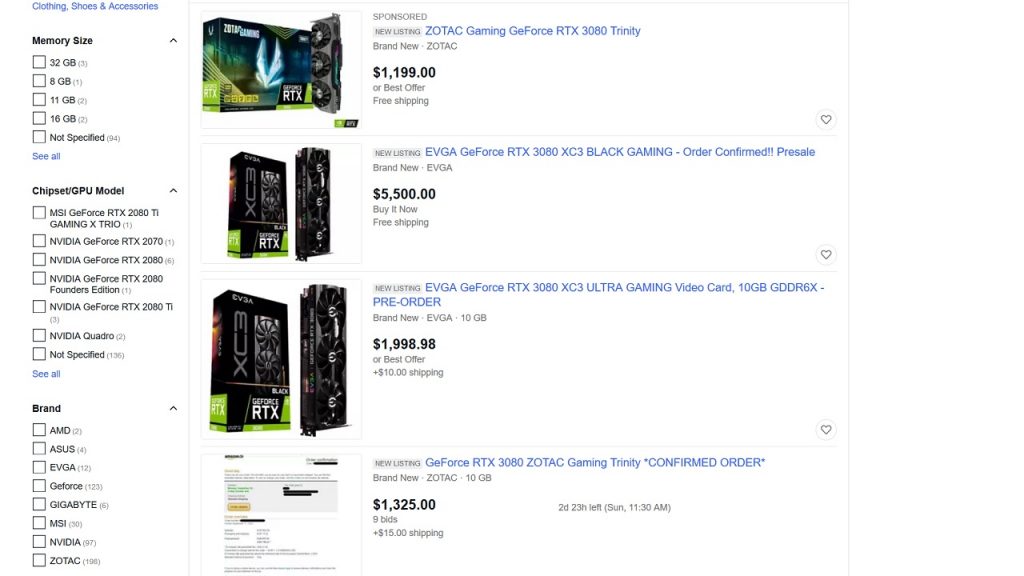 RTX 3080 บน eBay ก็แสดงให้เห็นถึงช่วงราคาที่ไร้สาระโดยมีตั้งแต่ราคาขายปลีกเพียงไม่กี่ร้อยจนถึงมากกว่า 5,000 เหรียญ